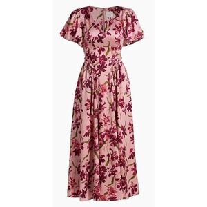Pink Floral Midi Dress with Puff Sleeves